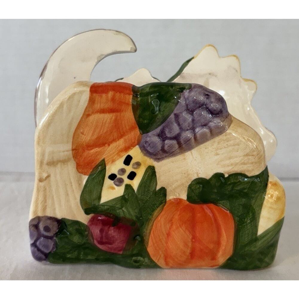 Thanksgiving Theme/ Fall Ceramic Cornucopia Napkin Holder Fruits and Vegetables - Picture 4 of 14